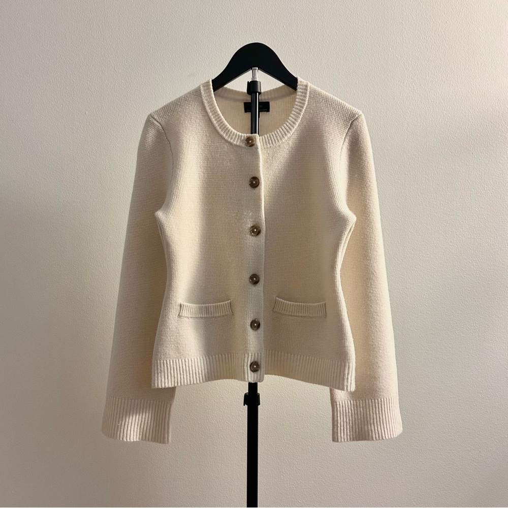 Quince Mongolian Cashmere Structured Crewneck Bell Sleeve Cardigan Cream Size S